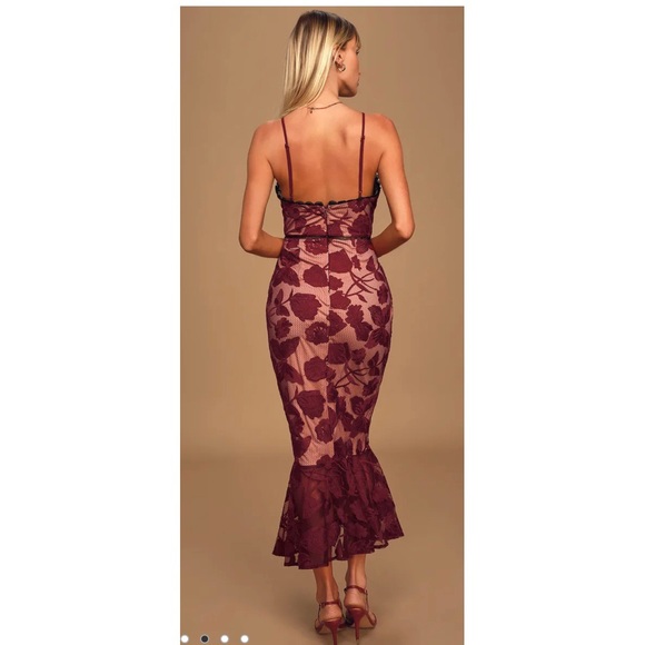 Lulus Burgundy Floral Mesh Lace Trumpet Midi Dress - Picture 2 of 3